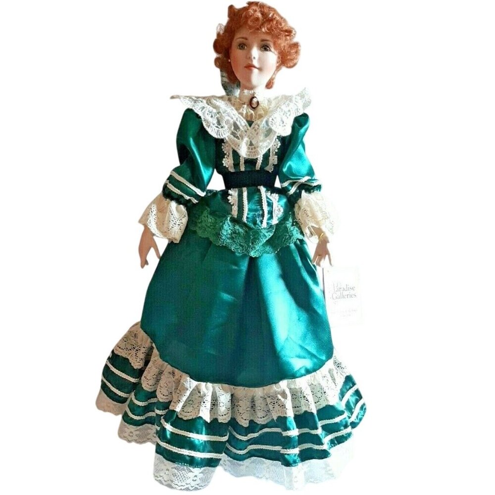 18" Porcelain Doll Red Hair Green Satin Lace Dress Paradise Galleries w/ Stand